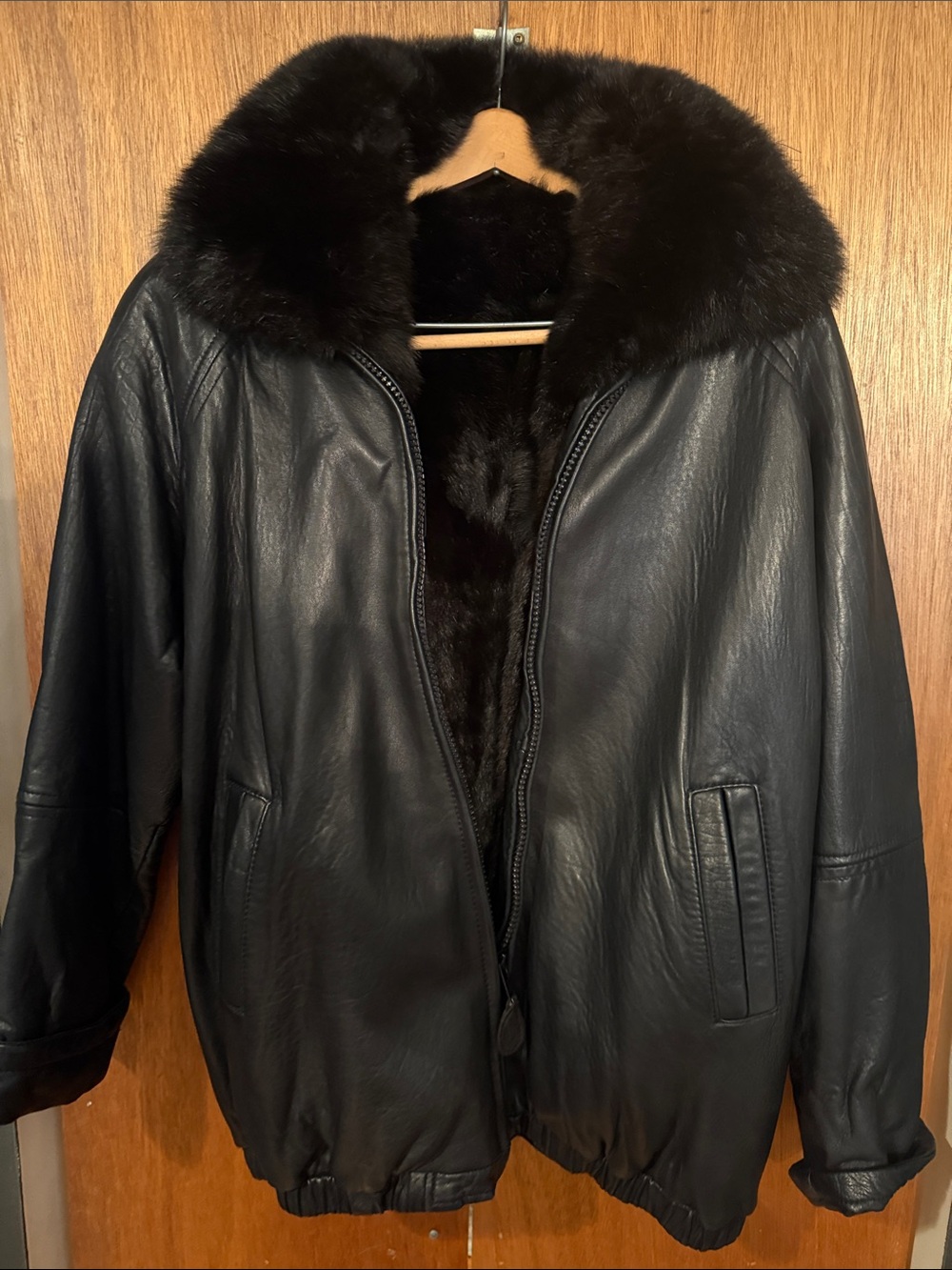 Andrew Marc Black Leather Bomber Jacket with Fur Collar